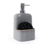 Autumnlife Distributeur de savon liquide vaisselle en céramique avec porte-éponge pour cuisine - Grand distributeur de savon liquide pour les mains - Pour salle de bain et cuisine - 600 ml - Bleu gris