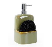 Autumnlife Distributeur de Savon Vert en céramique avec Porte-éponge pour la Cuisine - Grand Distributeur de Savon Liquide Rechargeable pour la Salle de Bain et la Cuisine - 600 ML