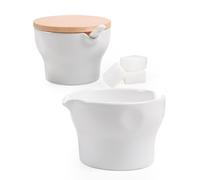 Autumnlife Ensemble de pots à lait et sucre en céramique, pot à lait blanc et sucrier avec couvercle en bois et cuillère, récipient à lait empilable et doseur à sucre pour cuisine et café