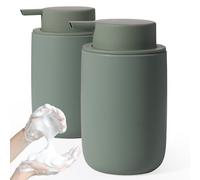 Autumnlife Lot de 2 distributeurs de savon mousse en céramique rechargeables avec grande pompe et étiquette vert mat pour cuisine, salle de bain, plan de travail 350 ml