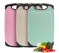 Aututer Lot de 3 planches à découper en paille de blé sans BPA avec rainures pour jus, faciles à saisir, trous de suspension, antidérapantes, passent au lave-vaisselle (beige, vert, rose) 35 x 21 cm