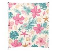 Auvent de plage pliable UPF50 avec feuilles tropicales, fleurs d'hibiscus roses, étoiles de mer, style hawaïen, léger et léger avec pelle à sable, sacs de sable, poteaux de stabilité pour camping