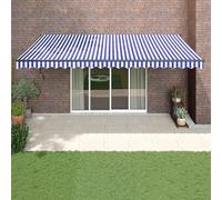 Auvent rétractable - Motorisé/manuel - Parasol d'extérieur pour balcon, terrasse, jardin - Tissu résistant aux intempéries - Bleu et blanc - 5 x 3 m