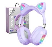 auvstar Bluetooth sans Fil Casque d'oreille Chat Pliable Casque sans Fille Oreilles Bluetooth pour Enfants Son Stéréo Casque Audio Enfant Mignon Oreilles de Chat avec Microphone LED Light (Violet)
