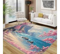 AUWUUA Lavable Tapis Japonais Motif Fleurs de Cerisier 90x180cm Côte Océan Montagne Paysage Naturel Tapis Salon, Antidérapant Moquette Décoration de Sol pour Entrée, Chambre, Cuisine, Couloir