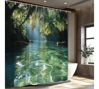 AUWUUA Rideau de Douche à Motif de Feuilles de Palmier dans la Jungle Tropicale, 210 x 180 cm (L x H), décor de Salle de Bain avec Paysage de rivière et de forêt Tropicale, avec Crochets.