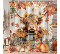 AUWUUA Rideau de Douche Automne Highland Vache 105x160cm Drôle Animal Automne Citrouille Thanksgiving Feuilles D'érable Tissu Salle de Bain Rideaux Ensemble avec Crochets, Orange
