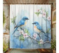 AUWUUA Rideau de Douche Blue Birds 210 x 180 cm, Motif Aquarelle et Fleurs de pêche, pour Salle de Bain, décoration de Salle de Bain, thème Nature Moderne Printemps-été, Rustique, imperméable