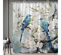 AUWUUA Rideau de Douche décoratif, Motif Deux Oiseaux Bleus sur des Branches, 203 x 235 cm, Motif Aquarelle, Motif Floral, Animal, Printemps, été, Vue sur Le Jardin, en Polyester imperméable