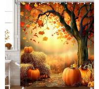 AUWUUA Rideau de Douche en Polyester imperméable, Motif Feuilles d'érable et Citrouille, 220 x 180 cm, Motif récolte, Thanksgiving, Automne, forêt, Rustique, Halloween