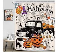 AUWUUA Rideau de Douche Halloween 85 x 210 cm, Motif Citrouille, Camion, Toile d'araignée et Chat Noir, Rideau de Douche pour Enfants, rideaue de Bain en Tissu Polyester Gothique et Effrayant