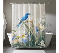 AUWUUA Rideau de Douche Motif Oiseau Bleu et Fleurs Blanches, 180 x 200 cm, Motif Aquarelle printanière, Iris, Floral, Animal, Paysage de Jardin, Tissu imperméable Rustique Moderne