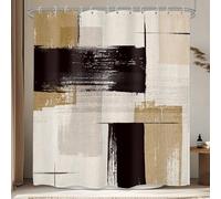 AUWUUA Rideau de Douche Noir et Beige Abstrait Moderne 220 x 200 cm, Peinture à l'huile Minimaliste, Art Contemporain au Coup de Pinceau, Patchwork de Couleurs, Rideau de Salle de Bain en Tissu