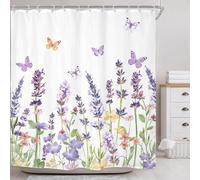 AUWUUA Rideau de Douche Violet Lavande 198 x 182 cm Motif Floral, Papillon, Fleurs Sauvages, Plantes botaniques, Feuilles, Tissu Polyester Rustique, imperméable, avec Crochets