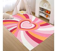 AUWUUA Tapis à Rayures Arc-en-Ciel et cœurs Roses pour Chambre de Fille, 70 x 120 cm, Joli Tapis de Jeu Pastel pour Chambre d'enfant, Salle de Classe, Salle de Jeux, Lavable, Doux et antidérapant.