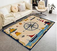 AUWUUA Tapis Bleu Marine Vintage Nautique Boussole pour Chambre 210 x 300 cm Mignon Phare voilier Fin antidérapant Grand Tapis pour Salon, Salle à Manger, Chambre d'enfant, Cuisine