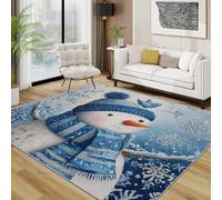 AUWUUA Tapis Bonhomme de Neige Bleu 120x120cm Tapis de Noël Dessin Animé Mignon Chambre, Flocon de Neige d'hiver Poils Courts Lavable Antidérapant Paillasson pour Entrée Chambre d'enfant Salon