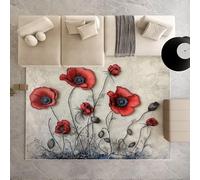 AUWUUA Tapis Coquelicot Rouge 60x120cm, Motif Floral Vintage, pour la Chambre, Lavable et antidérapant, avec Peinture à l'huile, pour l'entrée ou la Salle à Manger.