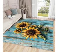 AUWUUA Tapis de Cuisine Tournesol 230 x 250 cm, Style Ferme, Motif Bois, Rustique, Jaune, Floral, pour Chambre à Coucher, Chambre d'enfant, rétro, Bleu, Lavable antidérapant, Grand Format, pour Salon