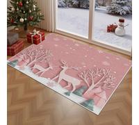 AUWUUA Tapis de Noël Rose, Lavable, 70 x 140 cm, Motif Rennes, Flocons de Neige et Sapin de Noël, décoration de fêtes. Tapis Fin, Doux et antidérapant pour entrée, Chambre d'enfant