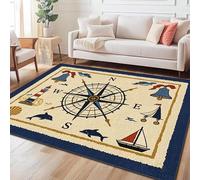 AUWUUA Tapis de Salon Lavable 120 x 170 cm Motif Boussole rétro Nautique, voilier, Phare, Baleine, Coquillage, Tapis de Sol antidérapant décoratif pour Chambre à Coucher, Salle à Manger