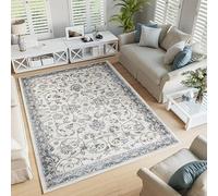 AUWUUA Tapis de Salon Vintage Traditionnel à Motifs Floraux, 150 x 150 cm, Beige et Gris, Style Oriental Classique Vieilli, Lavable Tapis antidérapant pour Chambre, Salle à Manger, Salon.