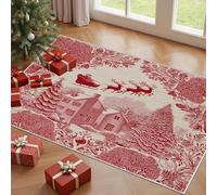 AUWUUA Tapis Hiver Rustique Arbres Cabane Noël 100x140cm Rétro Renne Rouge Lavable Antidérapant Décor d'appoint pour Cuisine, buanderie, Salon, Table de Chevet