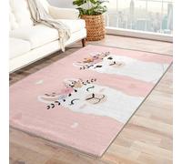AUWUUA Tapis Lama 100 x 140 cm pour Chambre de Fille, Salon, Adorable Tapis alpaga pour Chambre d'enfant, antidérapant et Lavable, Motif Dessin animé, Rose et Blanc