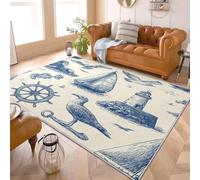 AUWUUA Tapis Lavable à Motif Marin, 60 x 150 cm, avec voiliers, Oiseaux et Animaux. Tapis décoratif à Poils Courts pour Chambre, Salle à Manger, Salle de Jeux, Cuisine, entrée, Bleu.