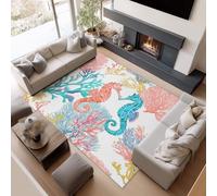 AUWUUA Tapis Lavable, Motif Hippocampe et Corail, 180 x 260 cm, Style Aquarelle, antidérapant Tapis pour Chambre d'enfant, Salon, Chambre à Coucher, Salle à Manger ou Bureau.
