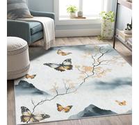 AUWUUA Tapis Lavable Motif Montagne Papillon 100x160cm Style rétro champêtre Fleuri Chinois antidérapant pour Chambre, Salon ou Bureau