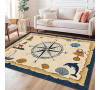 AUWUUA Tapis Motif Boussole Nautique 60 x 150 cm Bleu Marine Vintage Phare Baleine Coquillage Lavable antidérapant pour Couloir Cuisine paillasson Chambre d'enfant