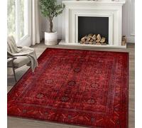 AUWUUA Tapis Oriental Lavable pour Salon, 130 x 190 cm, Style bohème Vintage, idéal pour la Chambre, la Salle à Manger ou Le Bureau. Bordure Rouge, Motif Floral.