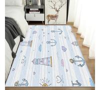 AUWUUA Tapis rayé Bleu et Blanc pour Enfants, 140 x 260 cm, Motif Ancre et Phare, Doux, Lavable et antidérapant, idéal pour Chambre, Salon, Salle à Manger ou Bureau.