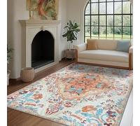 AUWUUA Tapis rétro bohème à Motifs Floraux, Lavable, 150 x 150 cm, Tapis à Poils Courts antidérapant pour Salon, Chambre, Salle à Manger, Bureau. Fin, Orange.