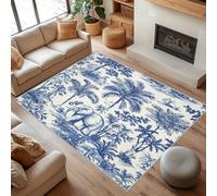 AUWUUA Tapis Toile de Jouy 180 x 220 cm pour Chambre d'enfant, Tapis de Salon imprimé 3D Palmiers éléphants Bleus, Moquette antidérapant Lavable pour Chambre de garçon, Salle de Jeux, crèche