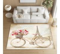 AUWUUA Tapis Tour Eiffel 100x180cm, Motif Aquarelle vélo et Roses, Tapis de Salon, Style rétro-nostalgique Parisien, Lavable, Doux et antidérapant Moquette pour Chambre ou Salle à Manger.