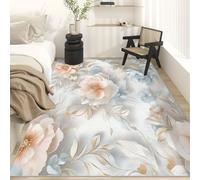 AUWUUA Tapis Vintage à Motifs Floraux pour Chambre à Coucher, 120 x 200 cm, élégant, Moderne, Lavable, Motif Fleurs, Feuilles, antidérapant, pour Salon, Salle à Manger, Rose, Bleu Clair, doré