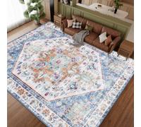 AUWUUA Vintage Lavable Tapis Salon, 240 x 300 cm, Doux, à Poils Courts, antidérapant, Aspect Vieilli, idéal pour Chambre, Salle à Manger, entrée, Cuisine, paillasson d'intérieur, Fin, Bleu-Kaki