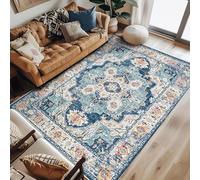 AUWUUA Vintage Tapis de Salon 100x150cm, Style bohème Chic, Aspect usé, Lavable antidérapant Tapis à Poils Courts pour Cuisine, entrée, Chambre, Salle à Manger. Coloris Bleu et Bleu Clair.