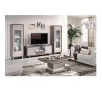 AUXANE - Pack Salon Meuble TV Led + Table Basse + 2 Vitrines Led Gris Metallisé et Mat