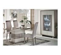 AUXANE - Pack Séjour Table Allongeable + Vitrine 2 Portes Led Gris Metallisé et Mat -