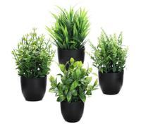 Auxemuen 4 Packs Fake Plants Mini Artificial Greenery Potted Plants for Home Decor Indoor Office Table Room Farmhouse Bathroom Decor, Easy to Clean, Lifelike Appearance (Circle Black Basin
