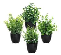 Auxemuen 4 Packs Fake Plants Mini Artificial Greenery Potted Plants for Home Decor Indoor Office Table Room Farmhouse Bathroom Decor, Easy to Clean, Lifelike Appearance (Circle Black Basin