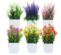 Auxemuen 6 Packs Small Fake Plants Mini Artificial Faux Plants Indoor with Flowers Spring Decorations for Home Room Farmhouse Desk House Bathroom Decor （Square White Basin）