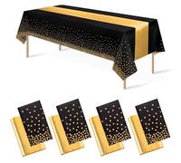 Auxemuen nappes jetables en Plastique, Nappe de fête de Point pour Mariage, Pique-Nique, Anniversaire, décorations de Douche de bébé, Fournitures (Black and Gold-R, 137 * 274cm+30 * 274cm)