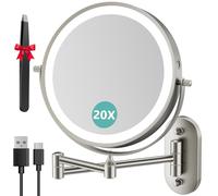Auxmir 8" Miroir Grossissant Lumineux Mural x20, Miroir Grossissant Mural avec 3 Modes Couleur, 1X/20X Grossissement Charge USB, Écran Tactile, 360° Pivotant et Extensible pour Salles de Bain, Nickel