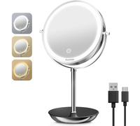 Auxmir 8 Pouces Miroir Grossissant Lumineux, 20X/1X Double Face, Miroir Grossissant sur Pied, Mirroir Maquillage Lumineux Rechargeable avec 3 Couleurs, Mirroir LED Rotation à 360° pour Chambre, Bureau