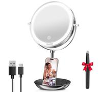 Auxmir 8 Pouces Miroir Grossissant Lumineux, 30X/1X Double Face, Mirroir Maquilleur Lumineux 1800mAh Rechargeable avec 3 Couleurs Lumière Réglables, Miroir LED Rotation à 360° pour Chambre, Bureau