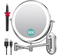 Auxmir 8 Pouces Miroir Grossissant Lumineux Mural x30, Miroir Grossissant Mural avec 3 Modes de Couleur, 1X/30X Grossissement Charge USB, Écran Tactile, 360° Pivotant et Extensible pour Salles de Bain